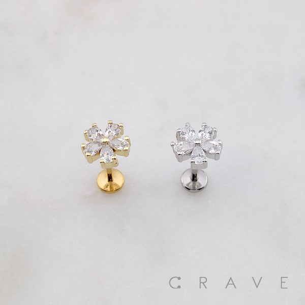 ROUND 5 PETALS CZ FLOWER THEADLESS (PUSH IN) 316L SURGICAL STEEL LABRET SET